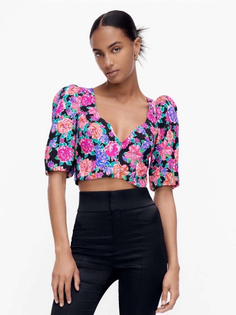 Zara Floral Puff-Sleeve Crop Top - Size Small, Festival, Romance, Romantic, Boho